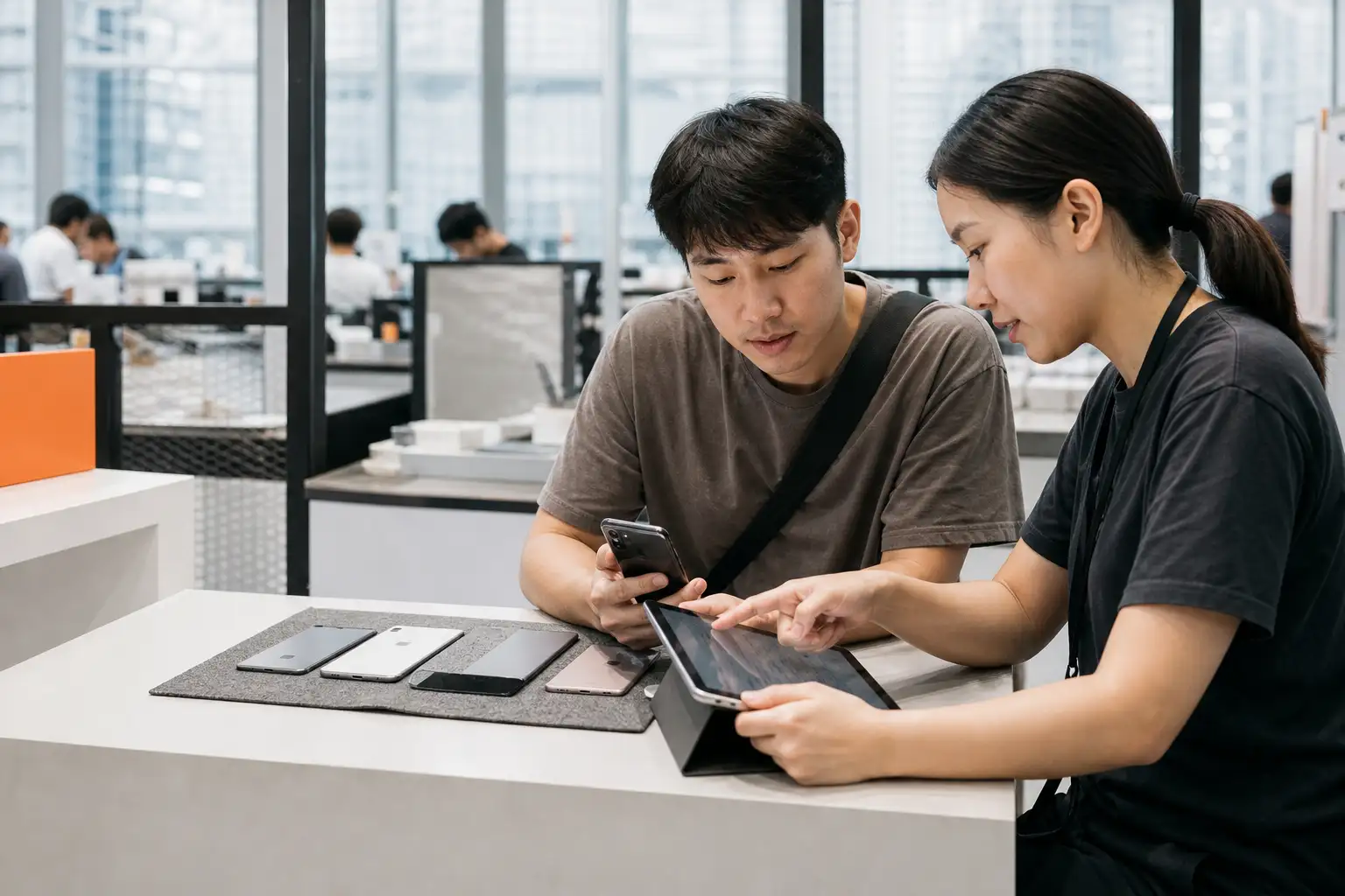 ผู้ซื้อกำลังดูข้อมูลเครื่องกับเจ้าหน้าที่ตรวจสภาพ
